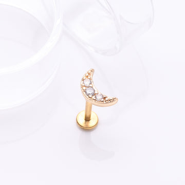 Detail View 1 of Golden Crescent Moon Sparkle Pave Multi-Gem Internally Threaded Flat Back Stud Labret-Clear Gem